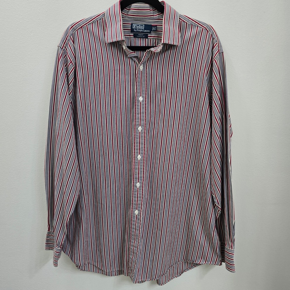 Polo Ralph Lauren Regent Classic Fit Striped Shirt Red Blue White Men 17.5 34/35 - Picture 2 of 6